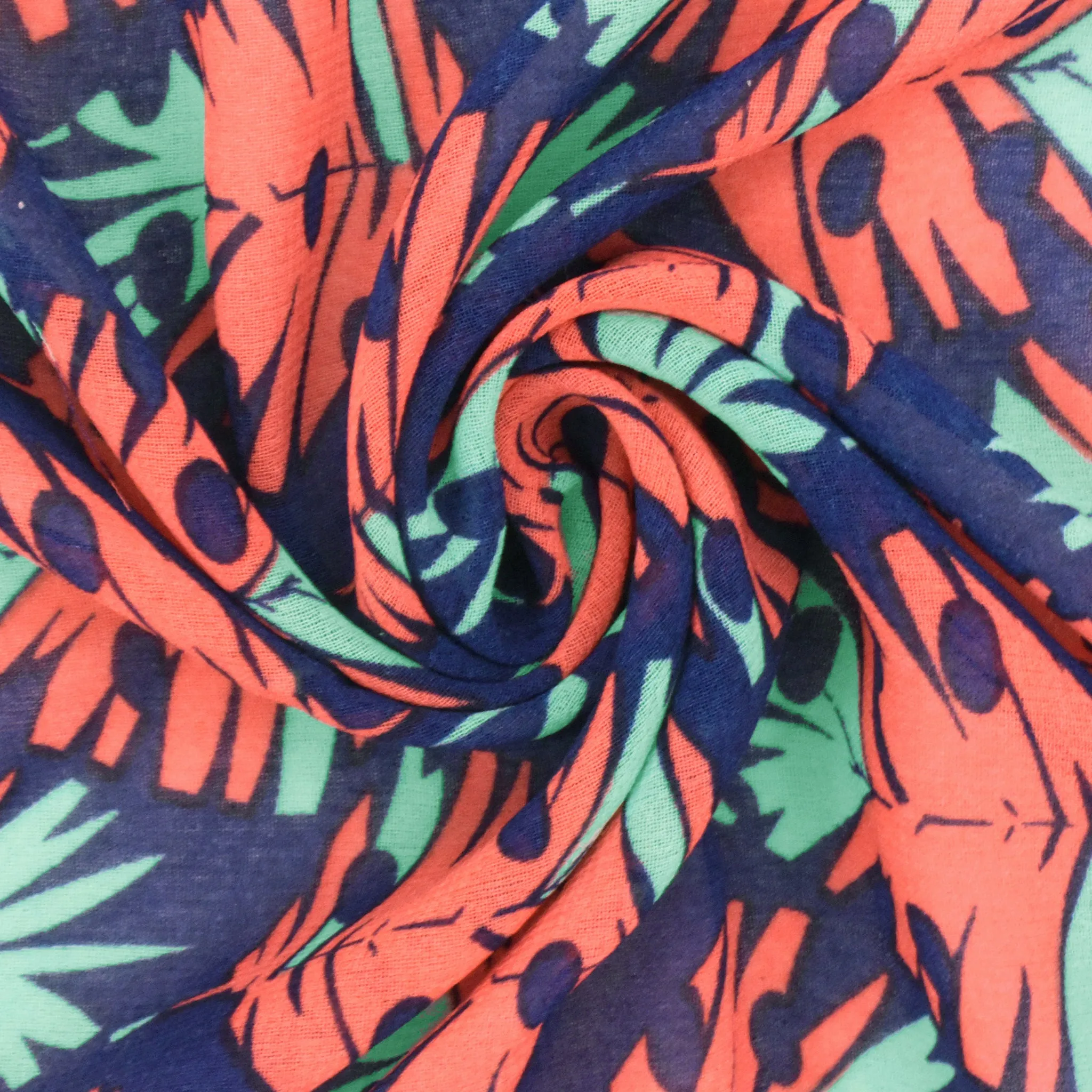Ink Blue-Orange-Teal Leaves Printed Poly Chiffon Woven Fabric