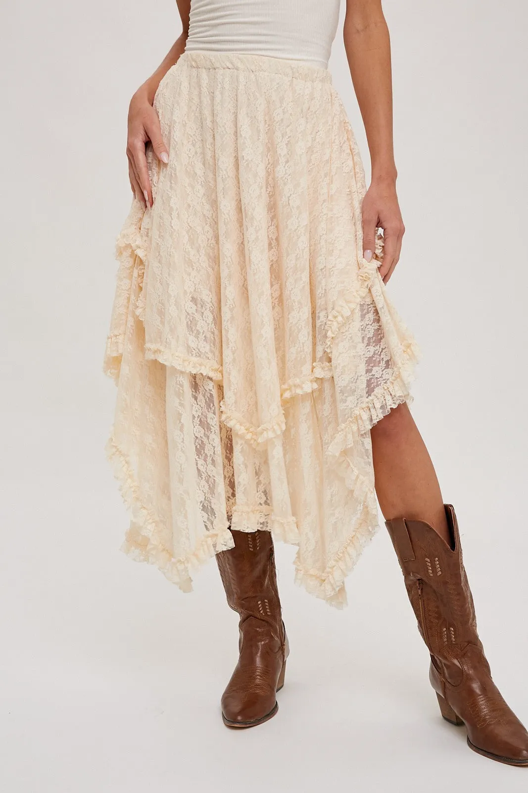 Ivory Lace Tier Midi Skirt