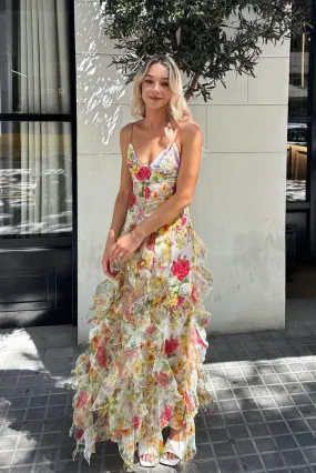 Ivyshape | Chiffon Rose Print Slit Maxi Dress
