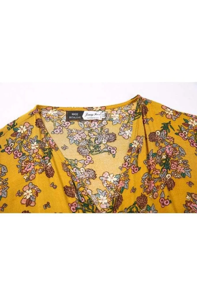 Light Mustard Yellow Angel Sleeve with Pink Bouquets Wrap Dress