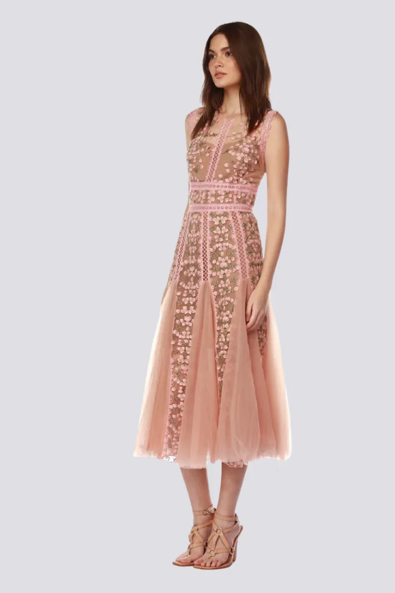Maëlle Round Neck Mesh Embroidered Midi Dress In Beige