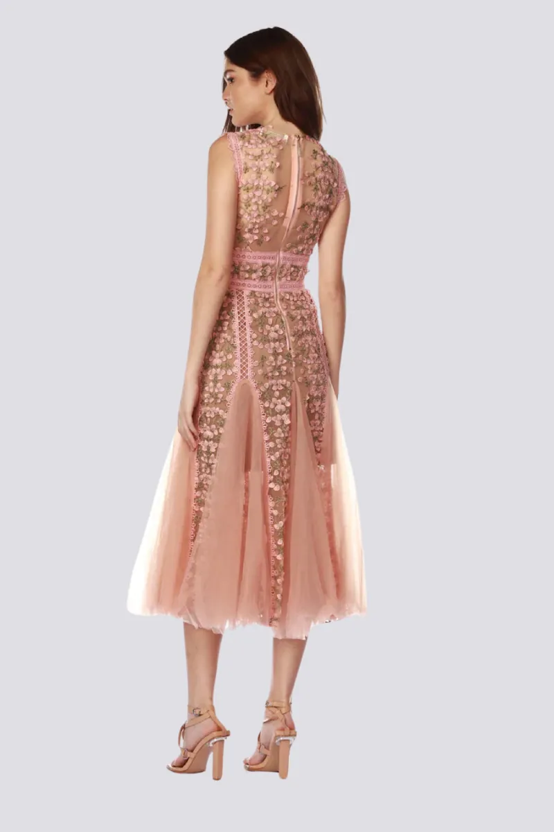 Maëlle Round Neck Mesh Embroidered Midi Dress In Beige