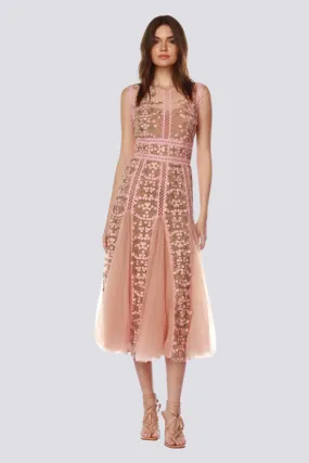 Maëlle Round Neck Mesh Embroidered Midi Dress In Beige