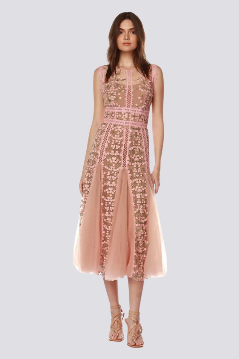 Maëlle Round Neck Mesh Embroidered Midi Dress In Beige