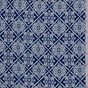Navy/White Medallion Diamond Rayon Crepe Fabric