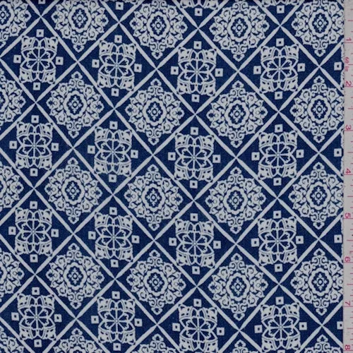Navy/White Medallion Diamond Rayon Crepe Fabric