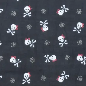 Night Black-White-Multi Skull Printed Polyester Chiffon Woven Fabric