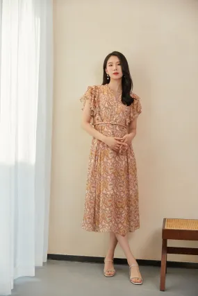 Pink Floral Waist Ruffles Midi Dress