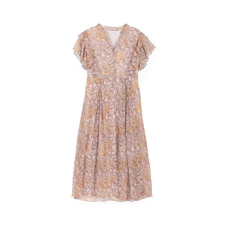 Pink Floral Waist Ruffles Midi Dress
