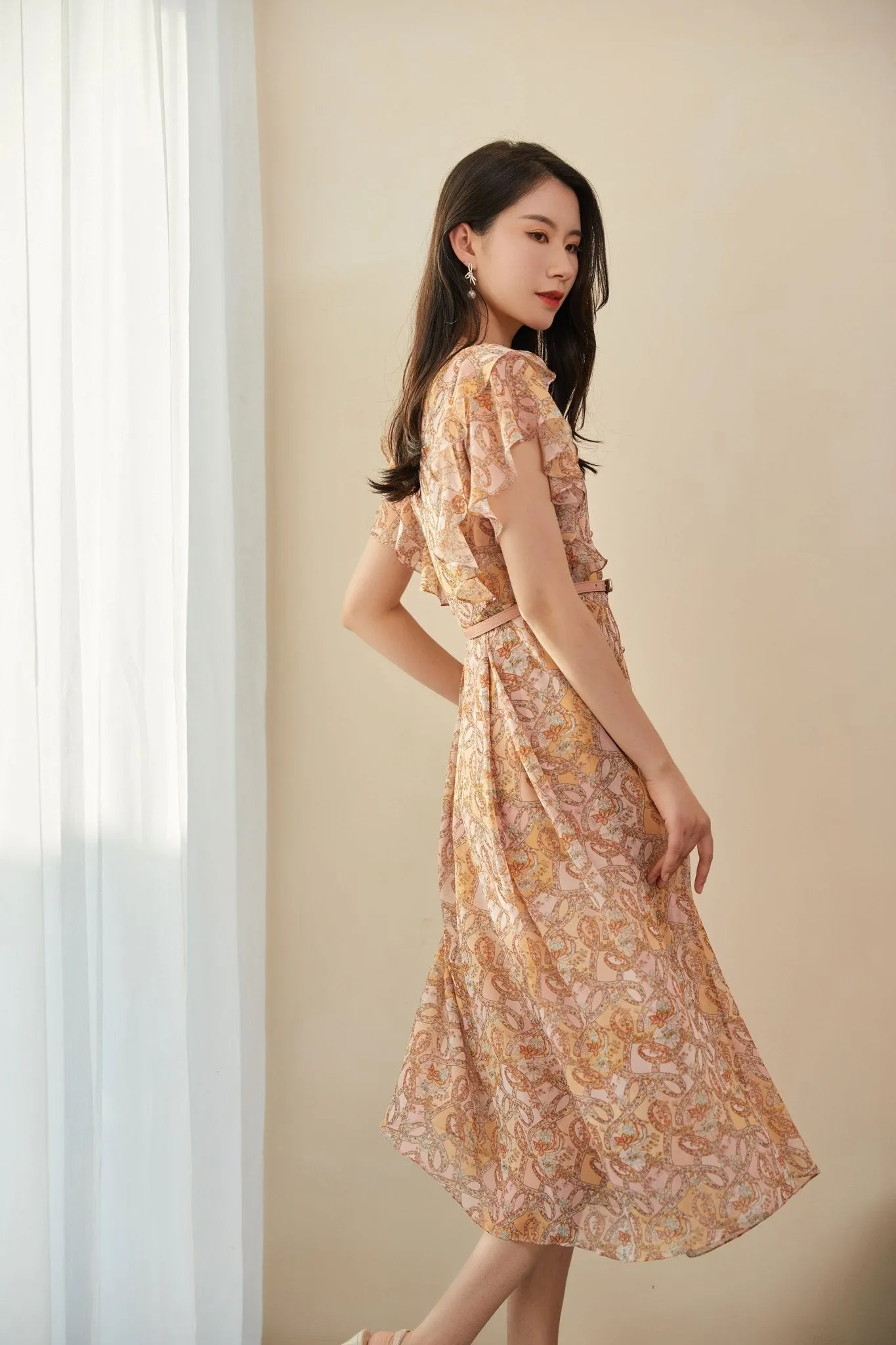 Pink Floral Waist Ruffles Midi Dress