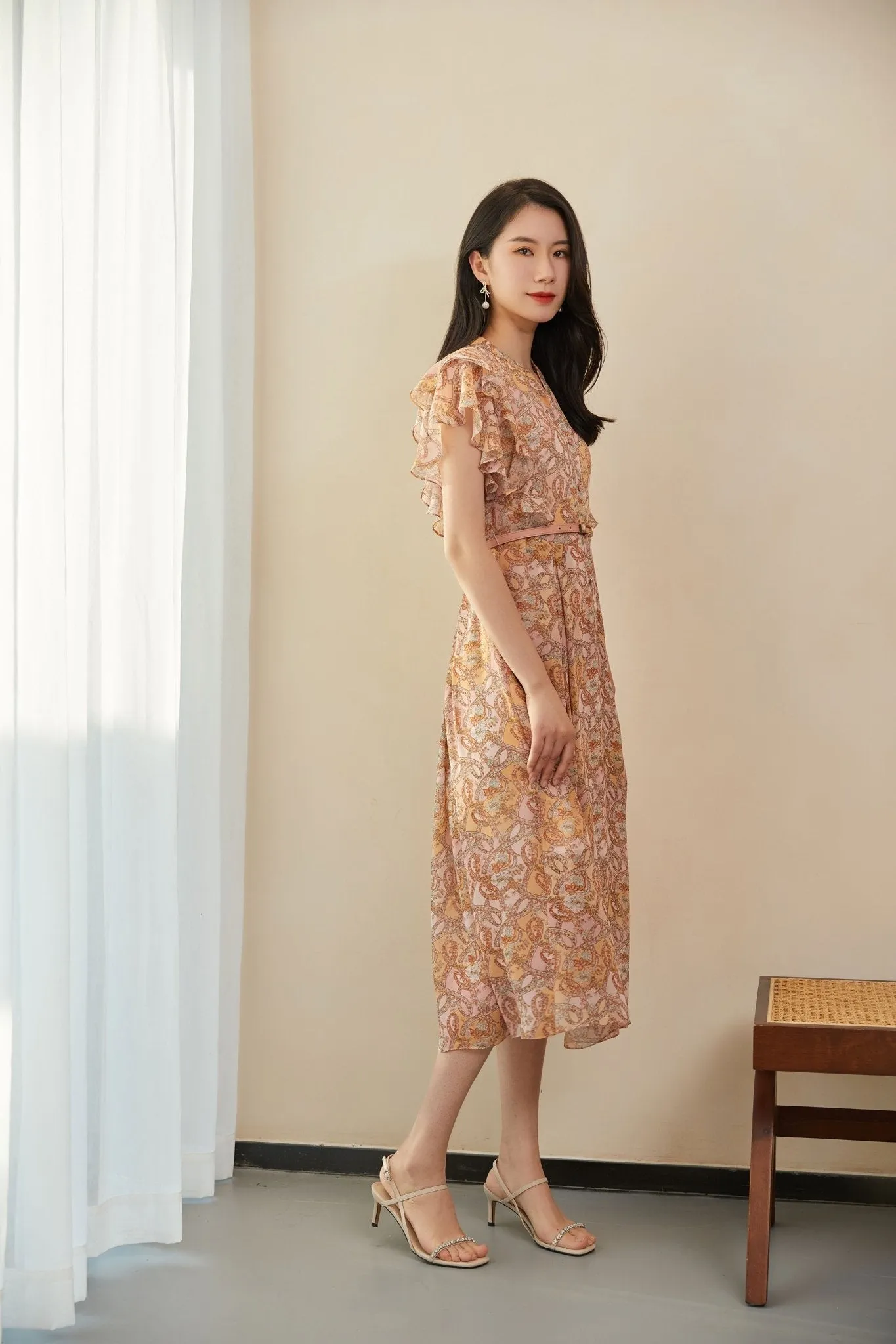Pink Floral Waist Ruffles Midi Dress