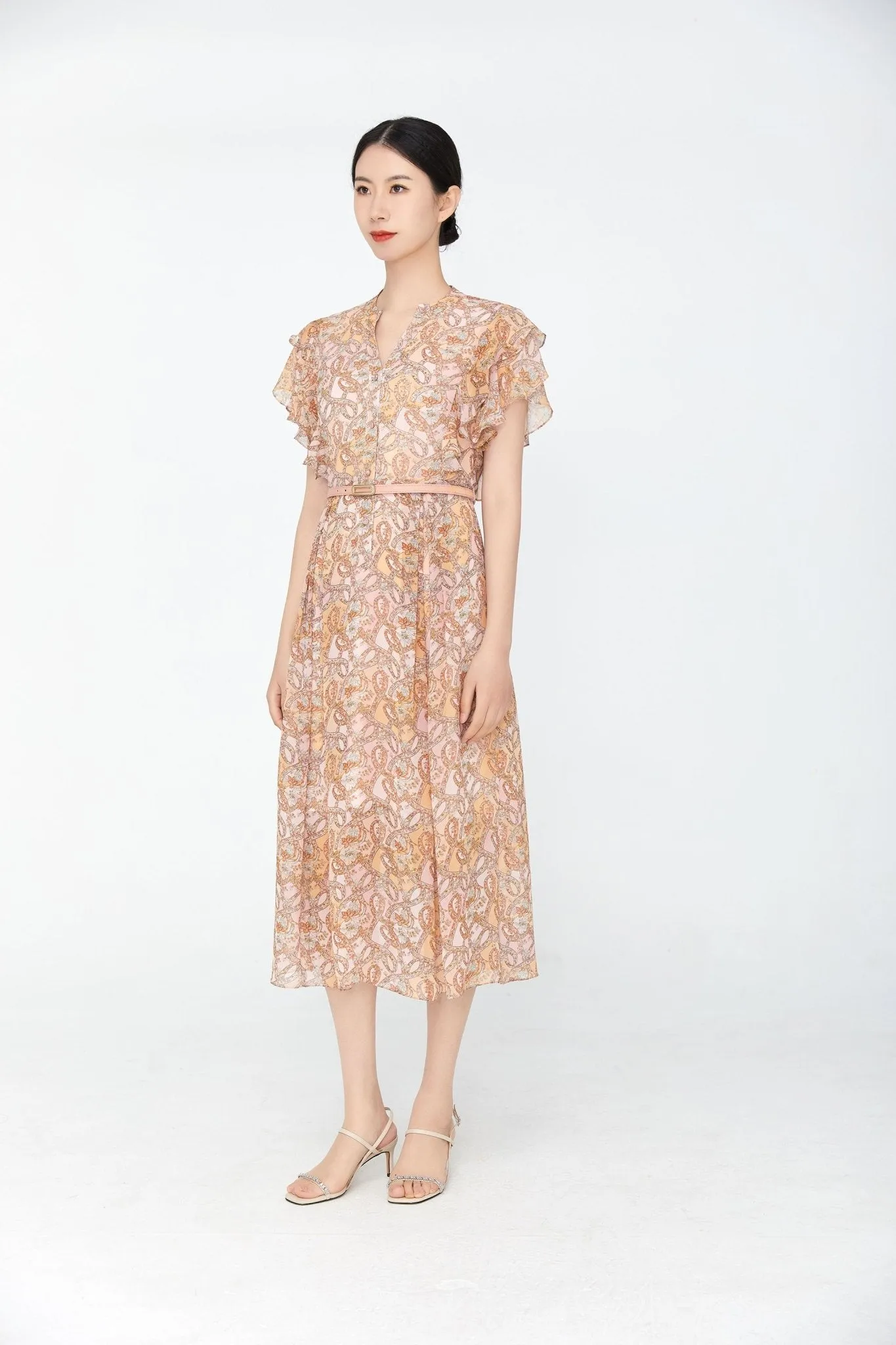 Pink Floral Waist Ruffles Midi Dress
