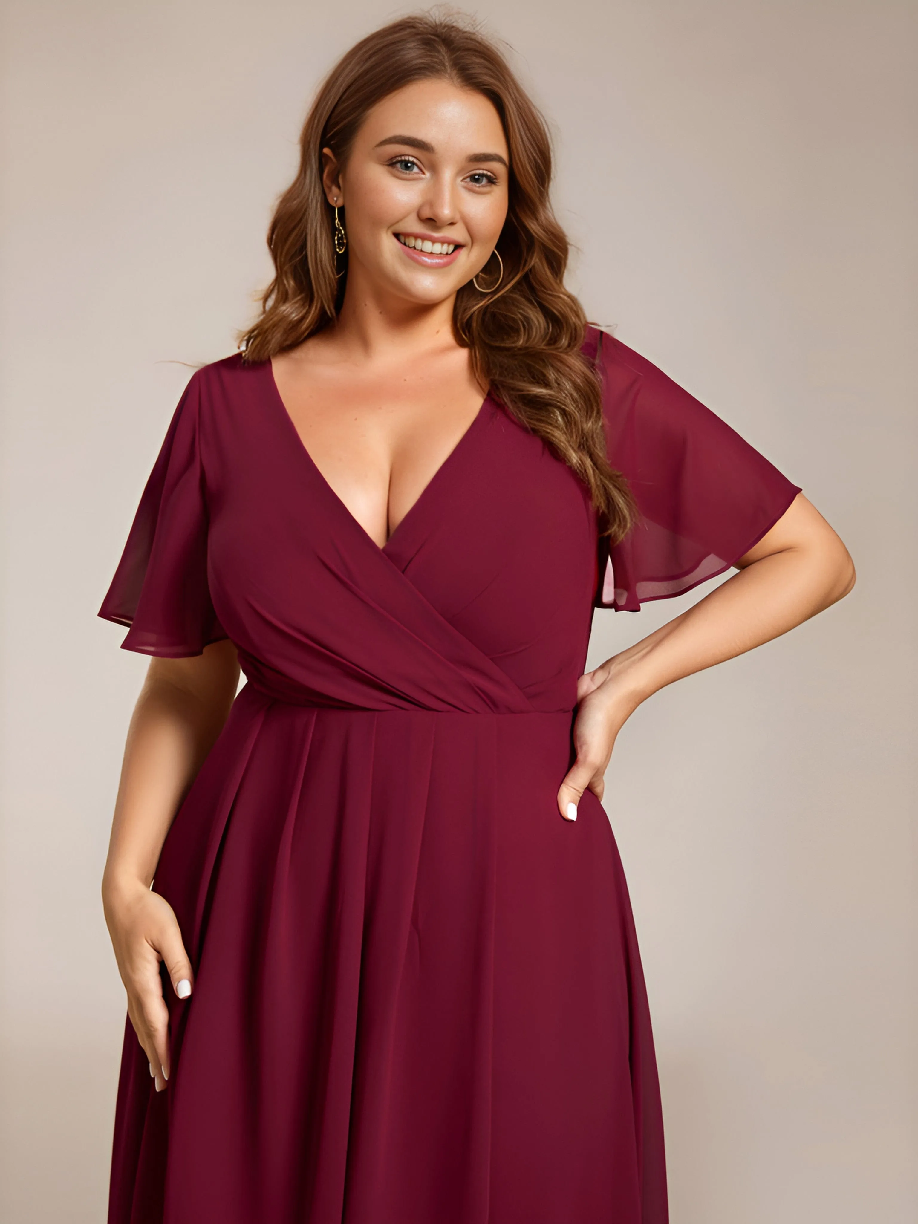 Plus Size Chiffon Short Sleeve High-Low Wedding Guest Dress
