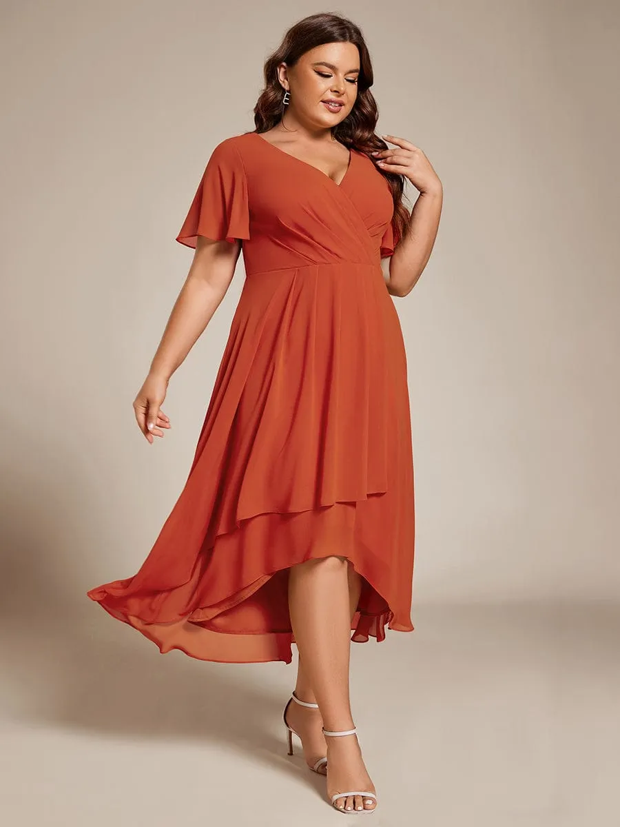 Plus Size Chiffon Short Sleeve High-Low Wedding Guest Dress