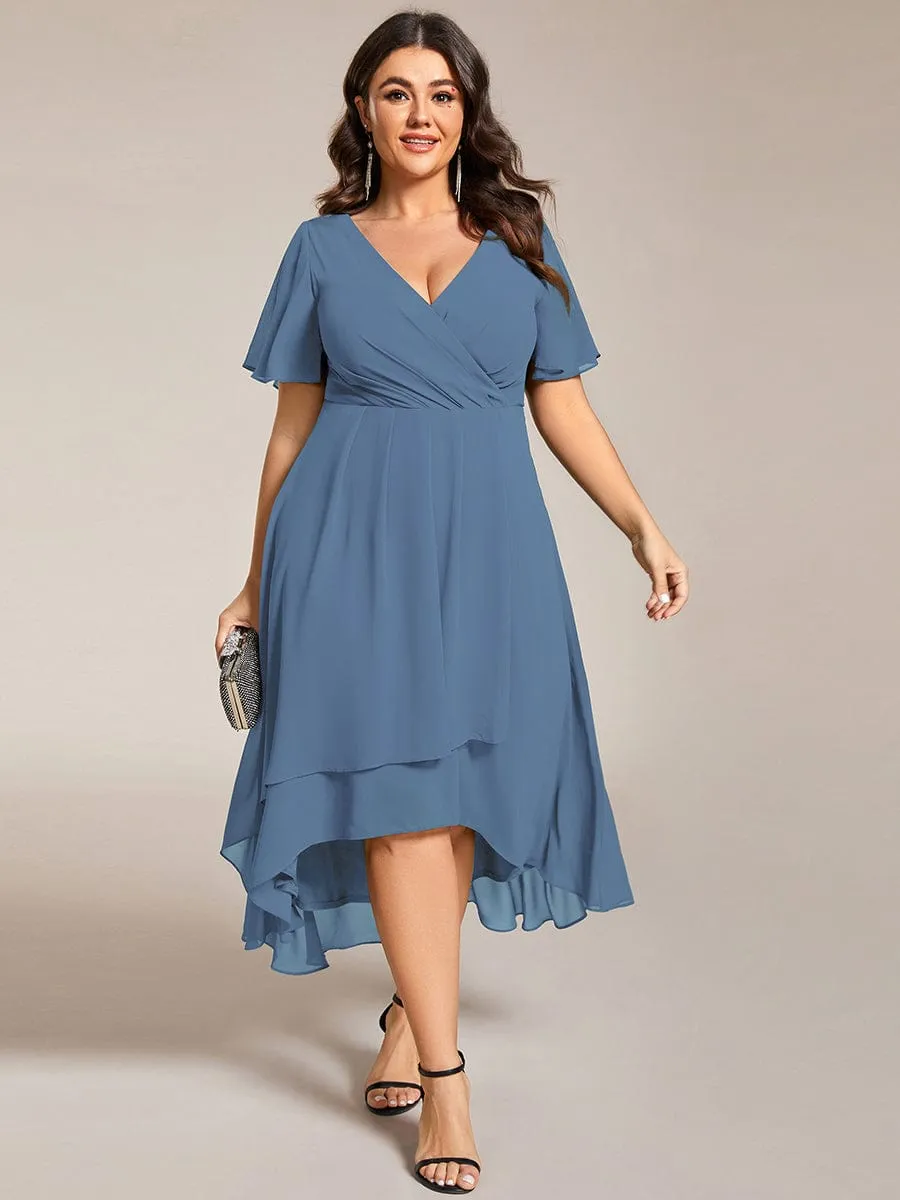 Plus Size Chiffon Short Sleeve High-Low Wedding Guest Dress