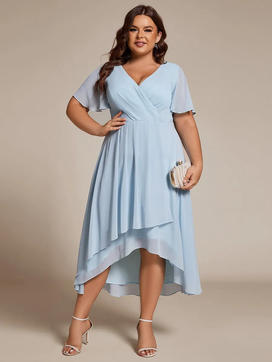 Plus Size Chiffon Short Sleeve High-Low Wedding Guest Dress