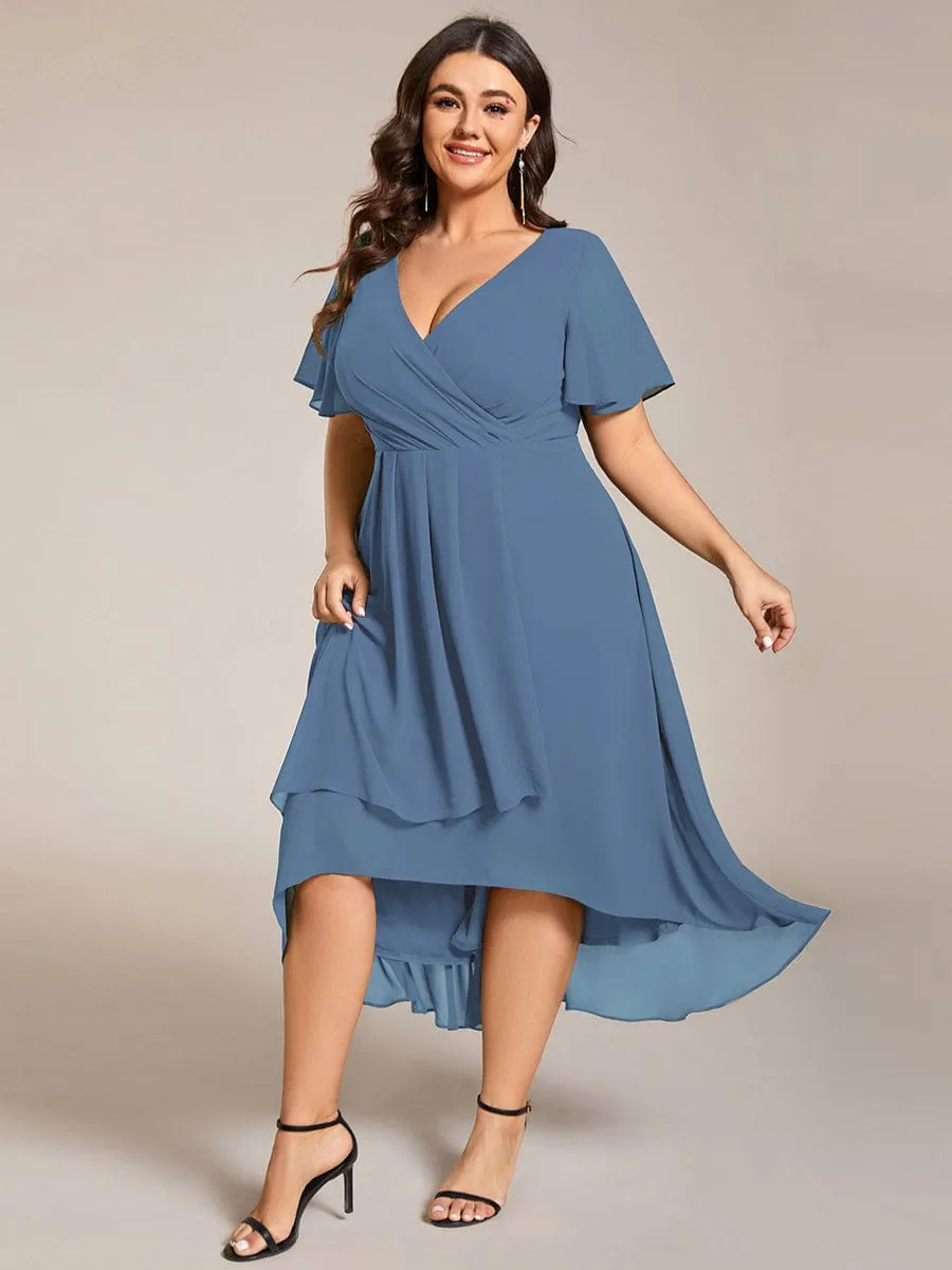 Plus Size Chiffon Short Sleeve High-Low Wedding Guest Dress