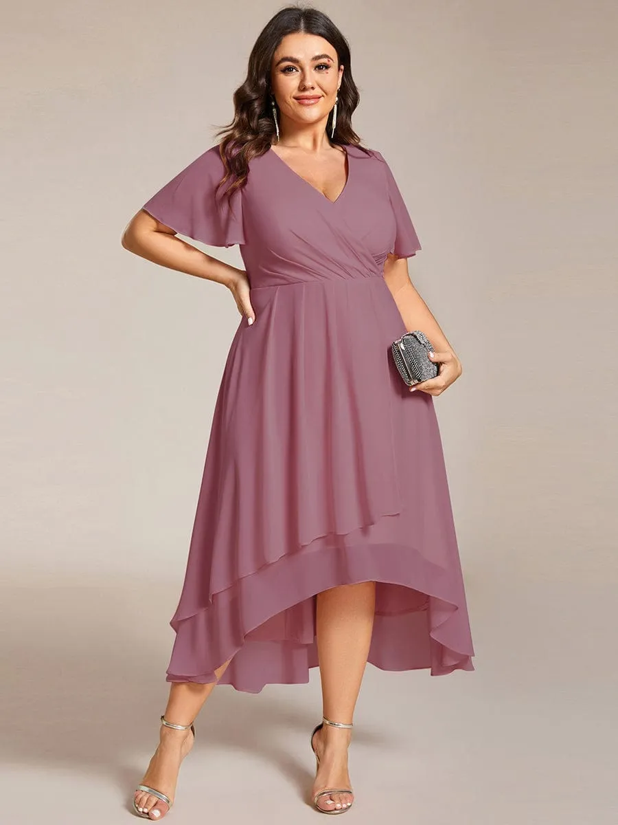 Plus Size Chiffon Short Sleeve High-Low Wedding Guest Dress