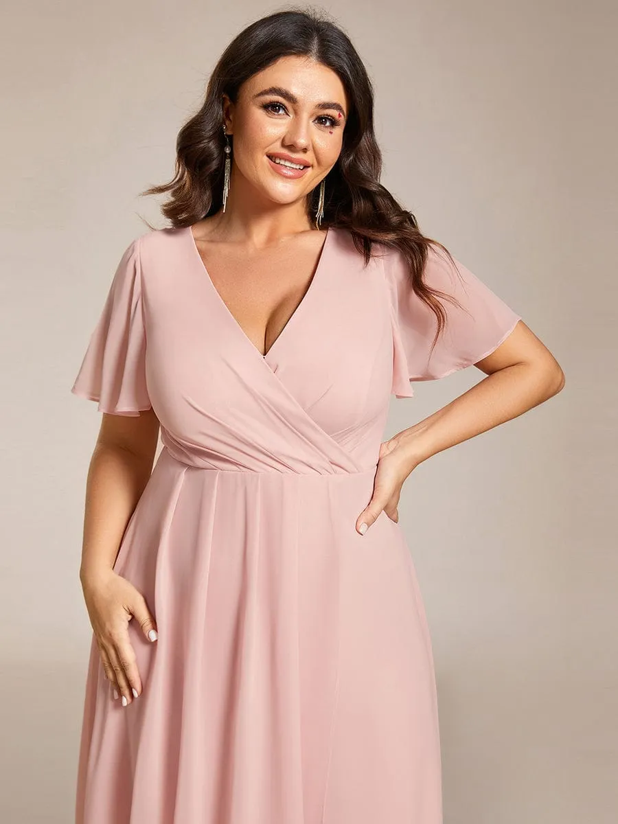 Plus Size Chiffon Short Sleeve High-Low Wedding Guest Dress