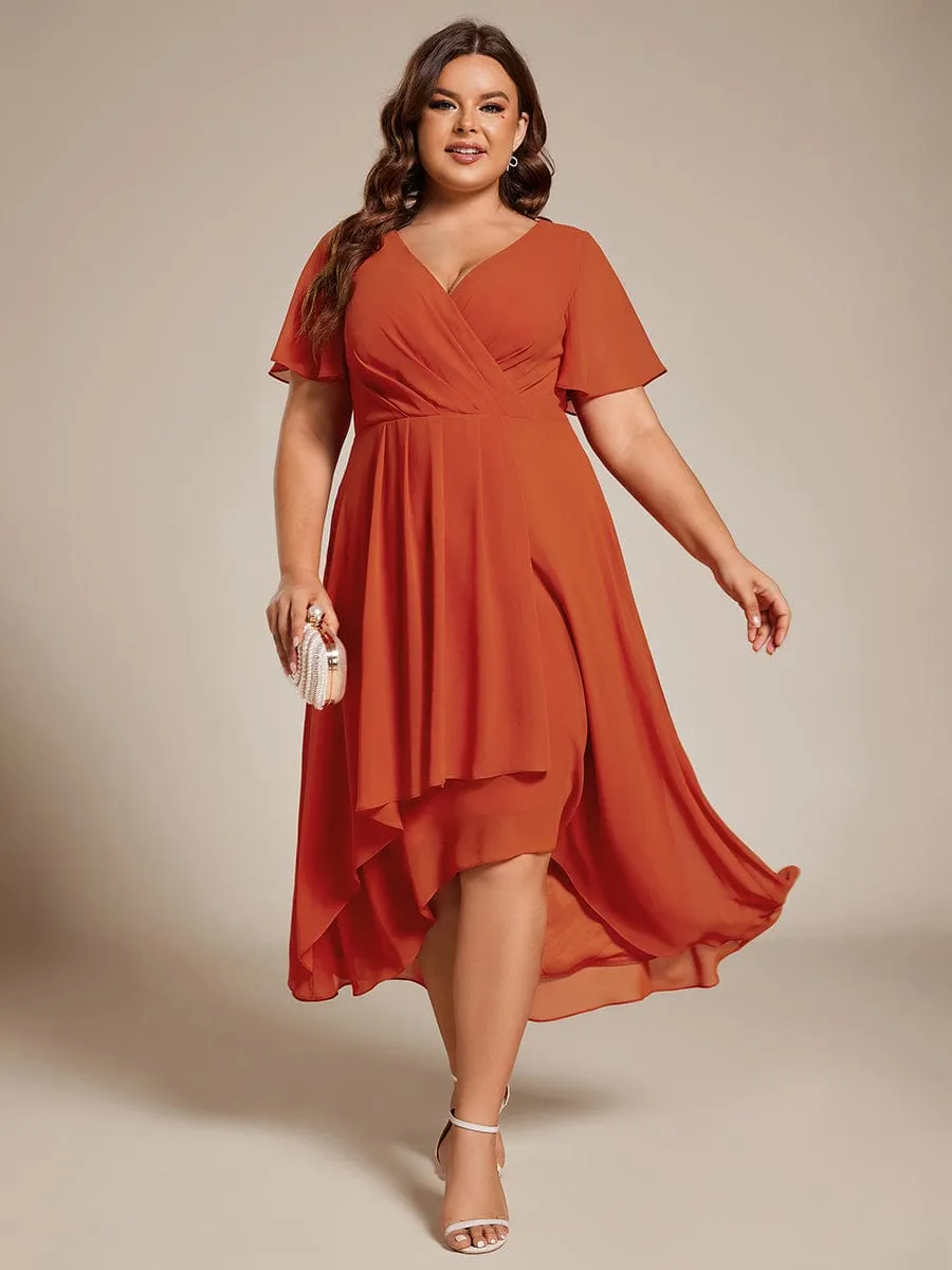 Plus Size Chiffon Short Sleeve High-Low Wedding Guest Dress