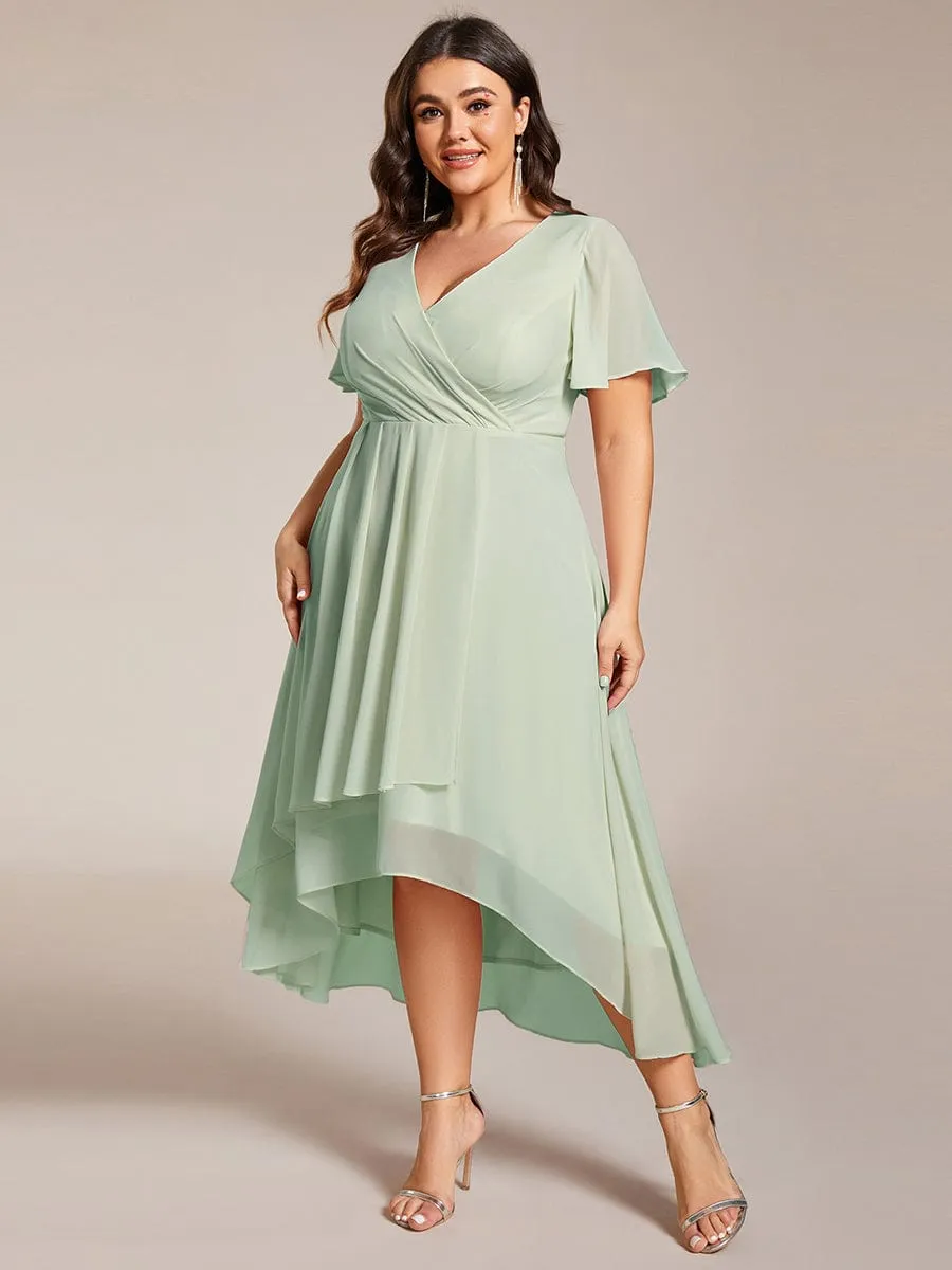Plus Size Chiffon Short Sleeve High-Low Wedding Guest Dress