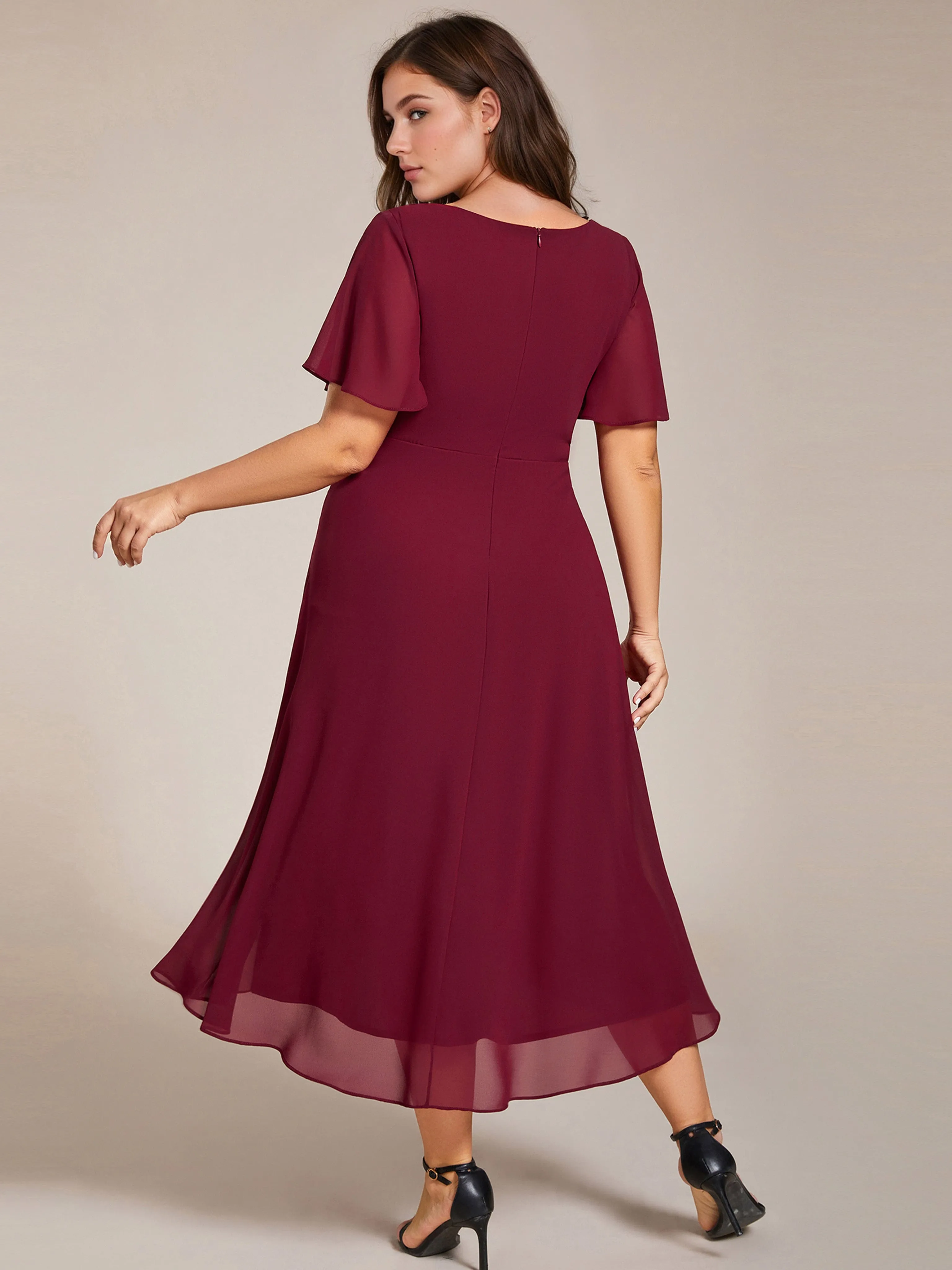 Plus Size Chiffon Short Sleeve High-Low Wedding Guest Dress
