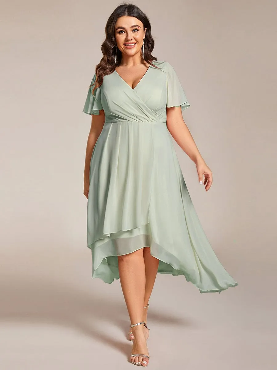 Plus Size Chiffon Short Sleeve High-Low Wedding Guest Dress