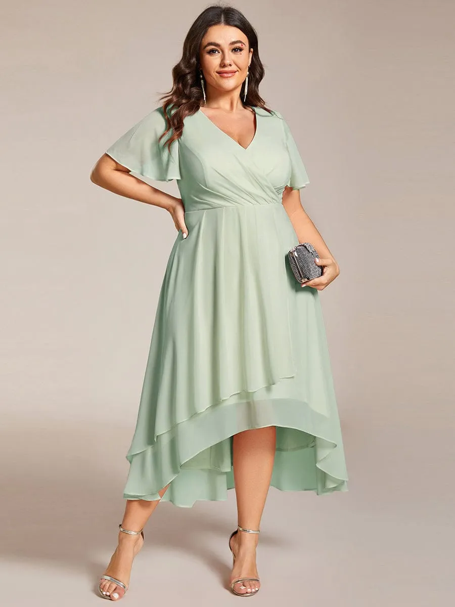 Plus Size Chiffon Short Sleeve High-Low Wedding Guest Dress