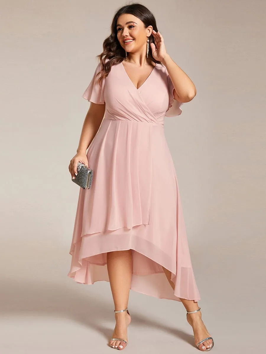 Plus Size Chiffon Short Sleeve High-Low Wedding Guest Dress