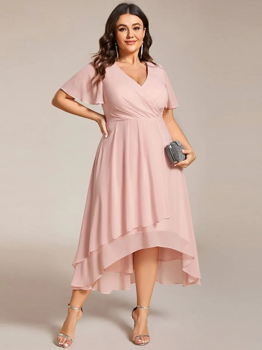 Plus Size Chiffon Short Sleeve High-Low Wedding Guest Dress