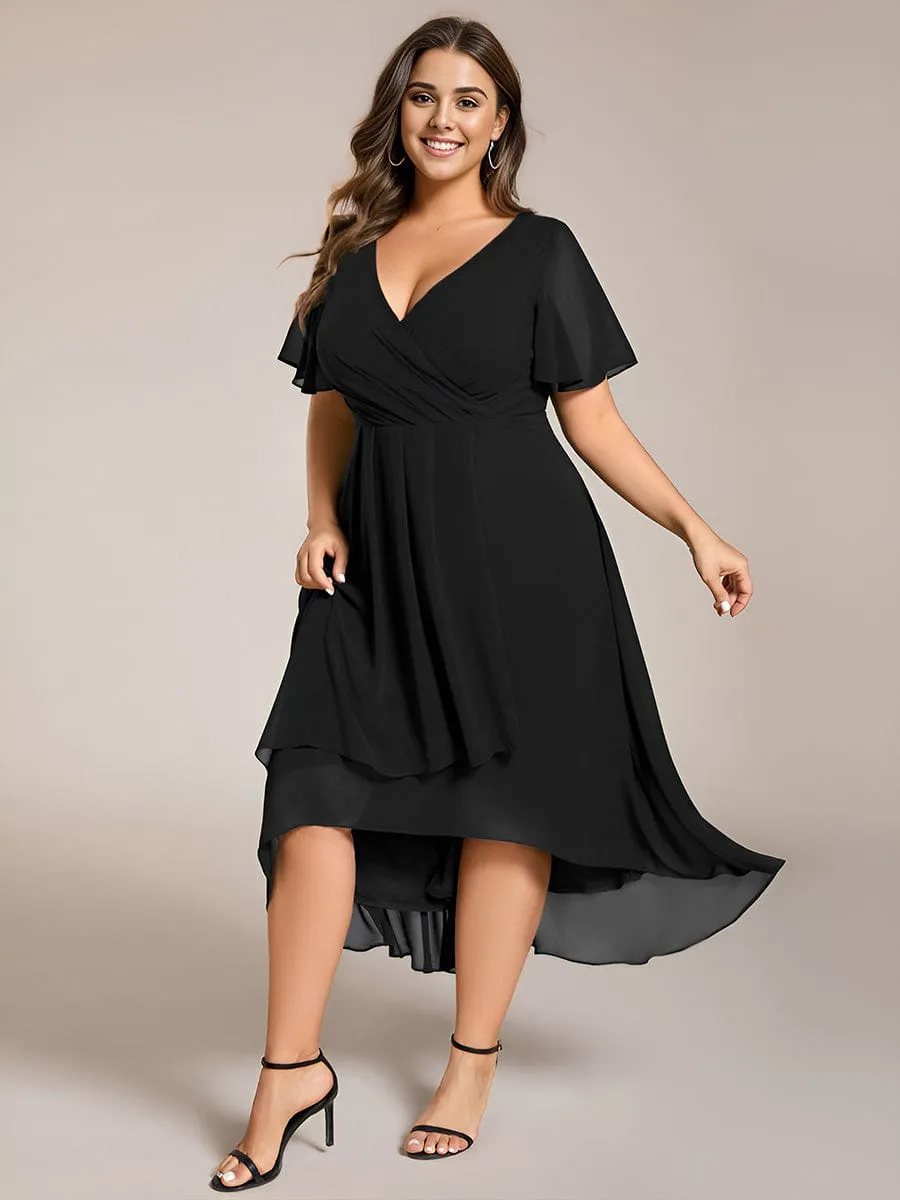 Plus Size Chiffon Short Sleeve High-Low Wedding Guest Dress