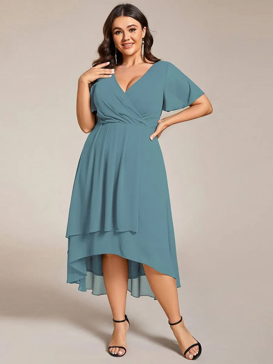 Plus Size Chiffon Short Sleeve High-Low Wedding Guest Dress