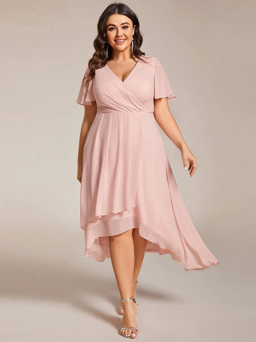 Plus Size Chiffon Short Sleeve High-Low Wedding Guest Dress