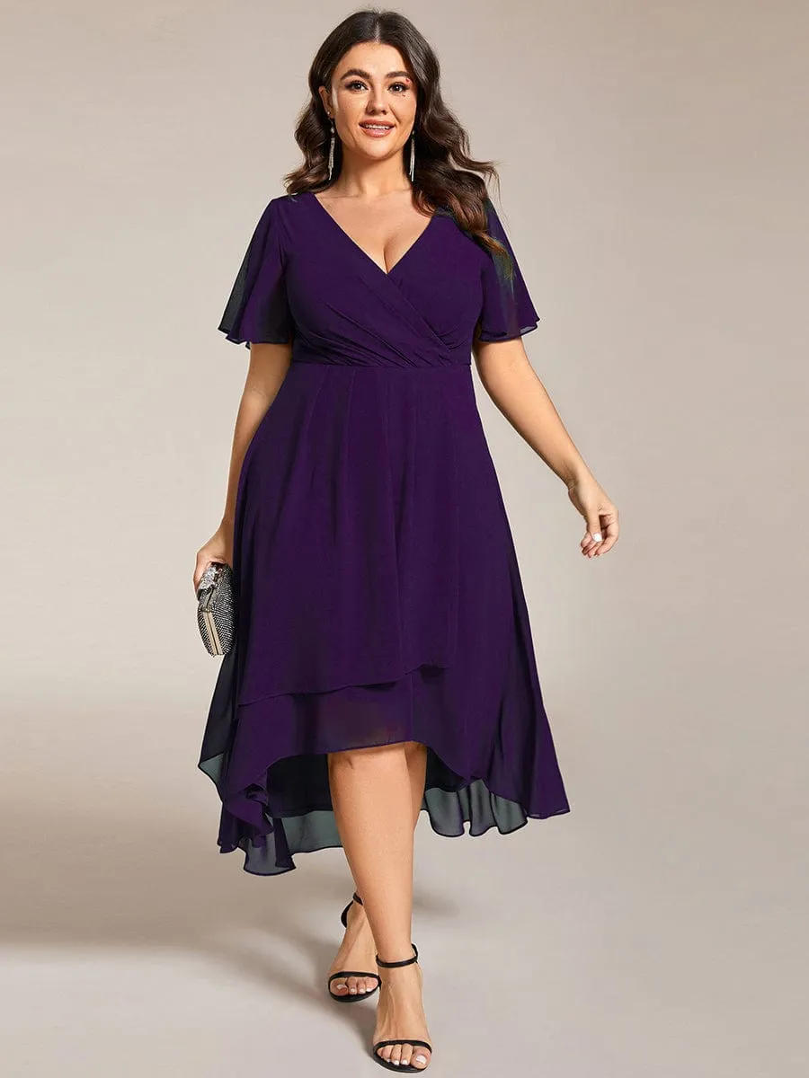 Plus Size Chiffon Short Sleeve High-Low Wedding Guest Dress