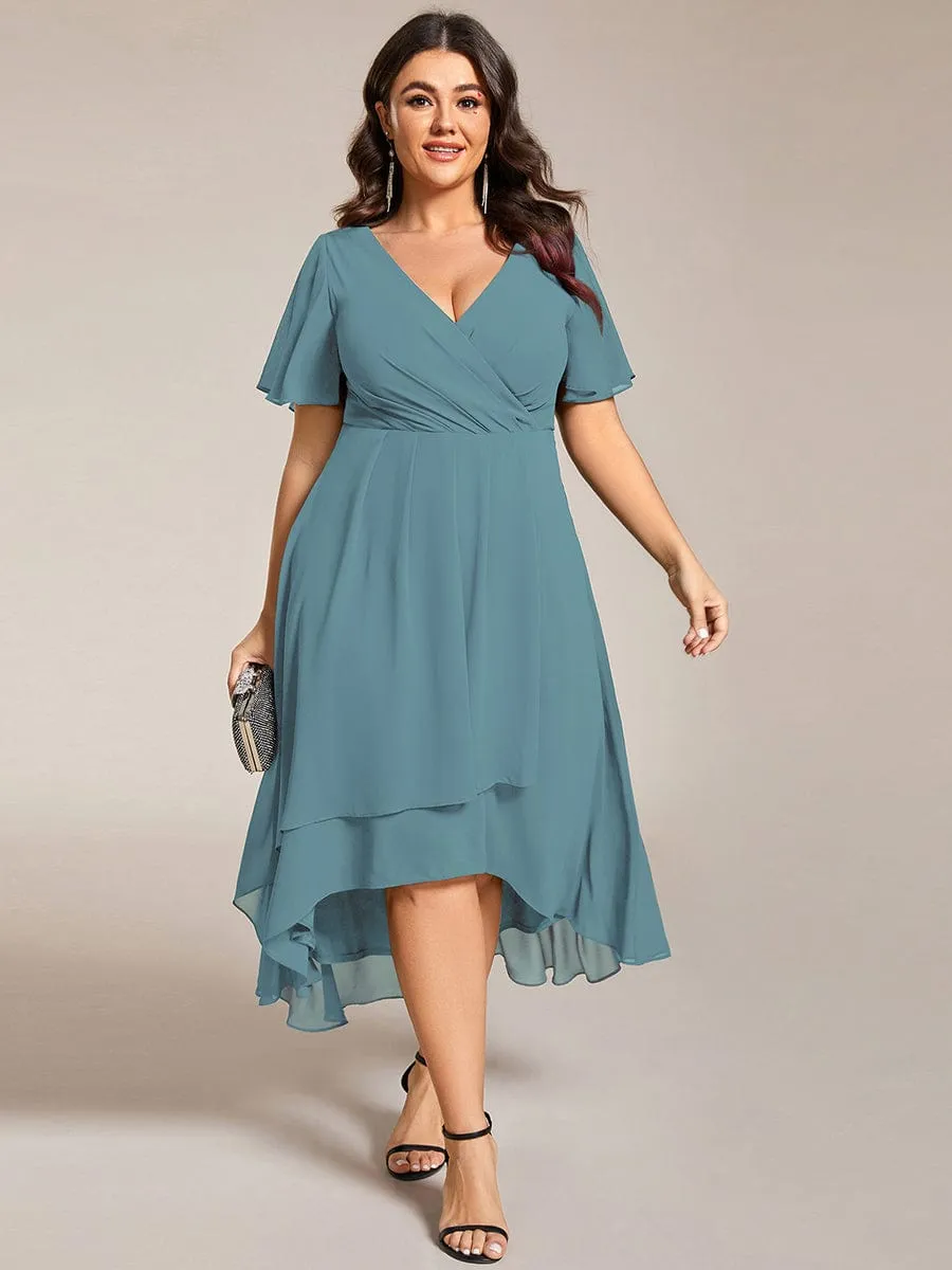 Plus Size Chiffon Short Sleeve High-Low Wedding Guest Dress
