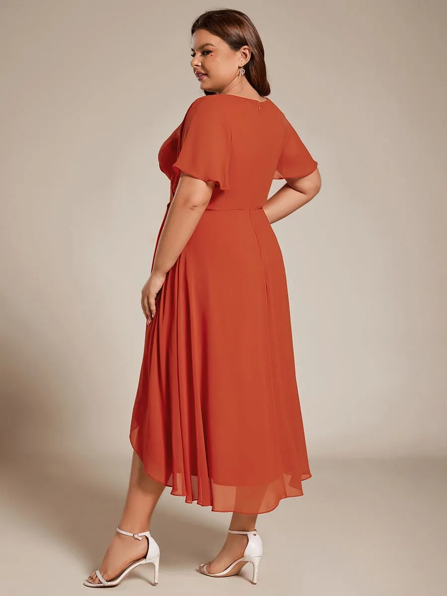 Plus Size Chiffon Short Sleeve High-Low Wedding Guest Dress