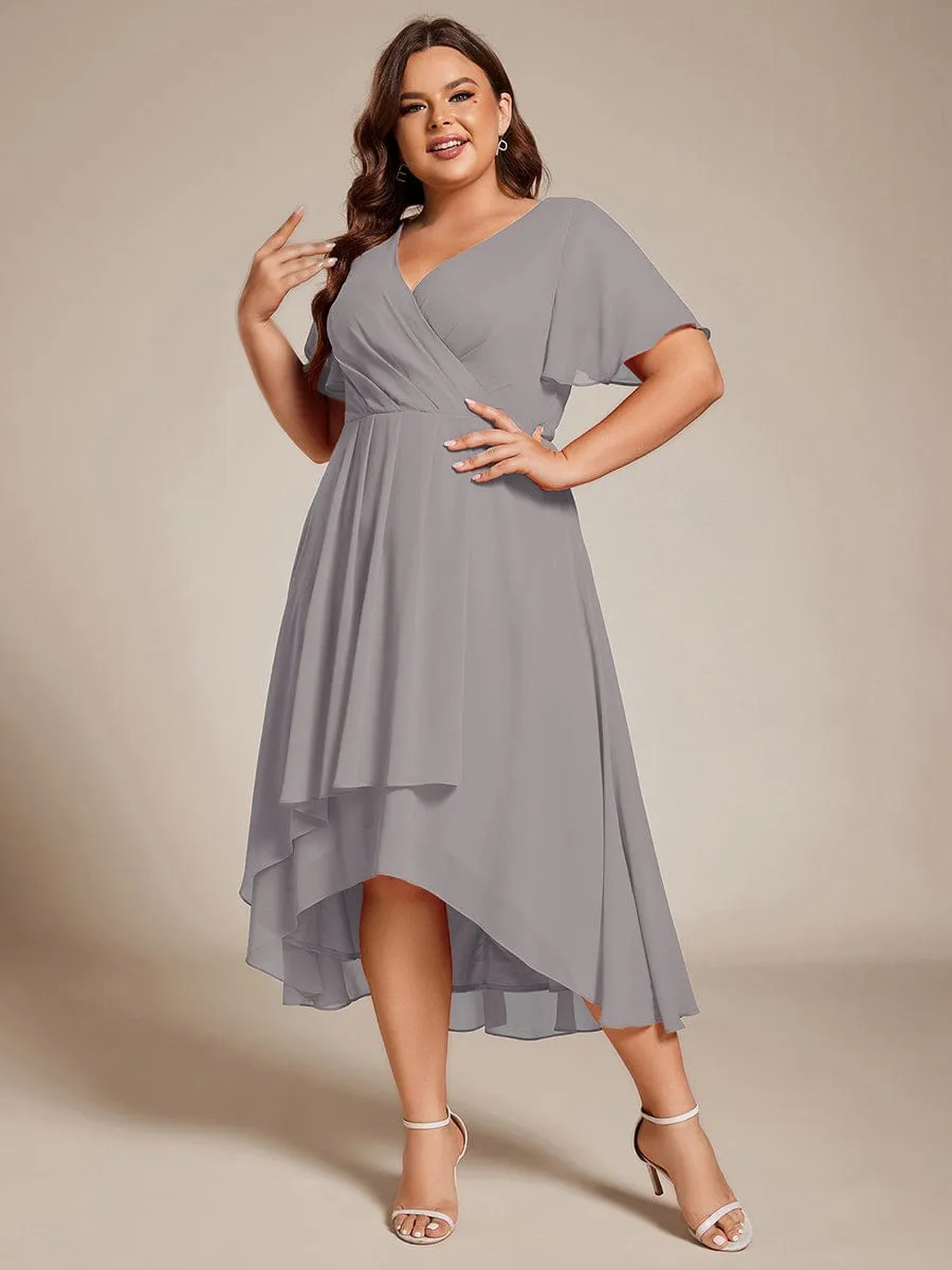 Plus Size Chiffon Short Sleeve High-Low Wedding Guest Dress