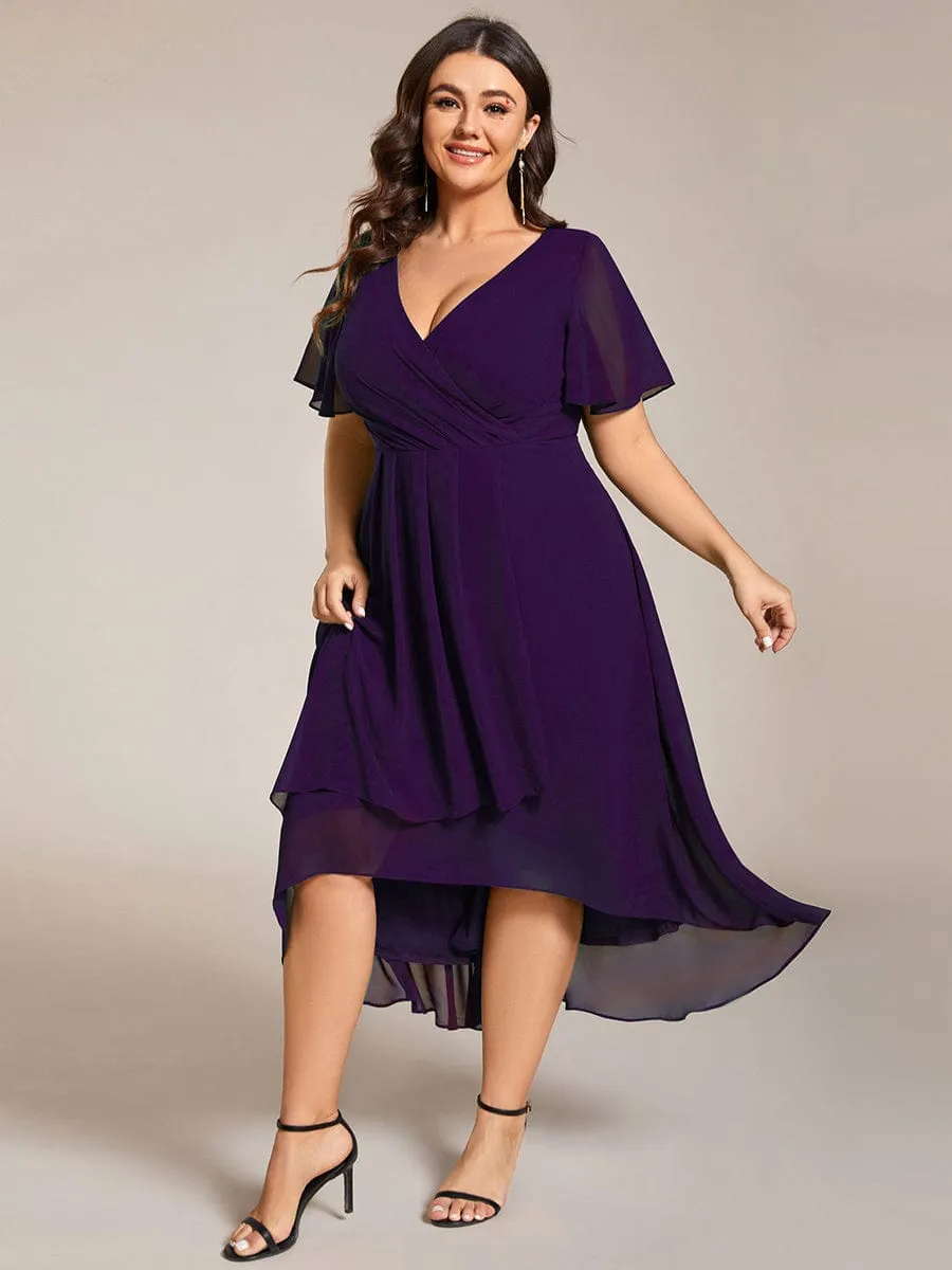 Plus Size Chiffon Short Sleeve High-Low Wedding Guest Dress