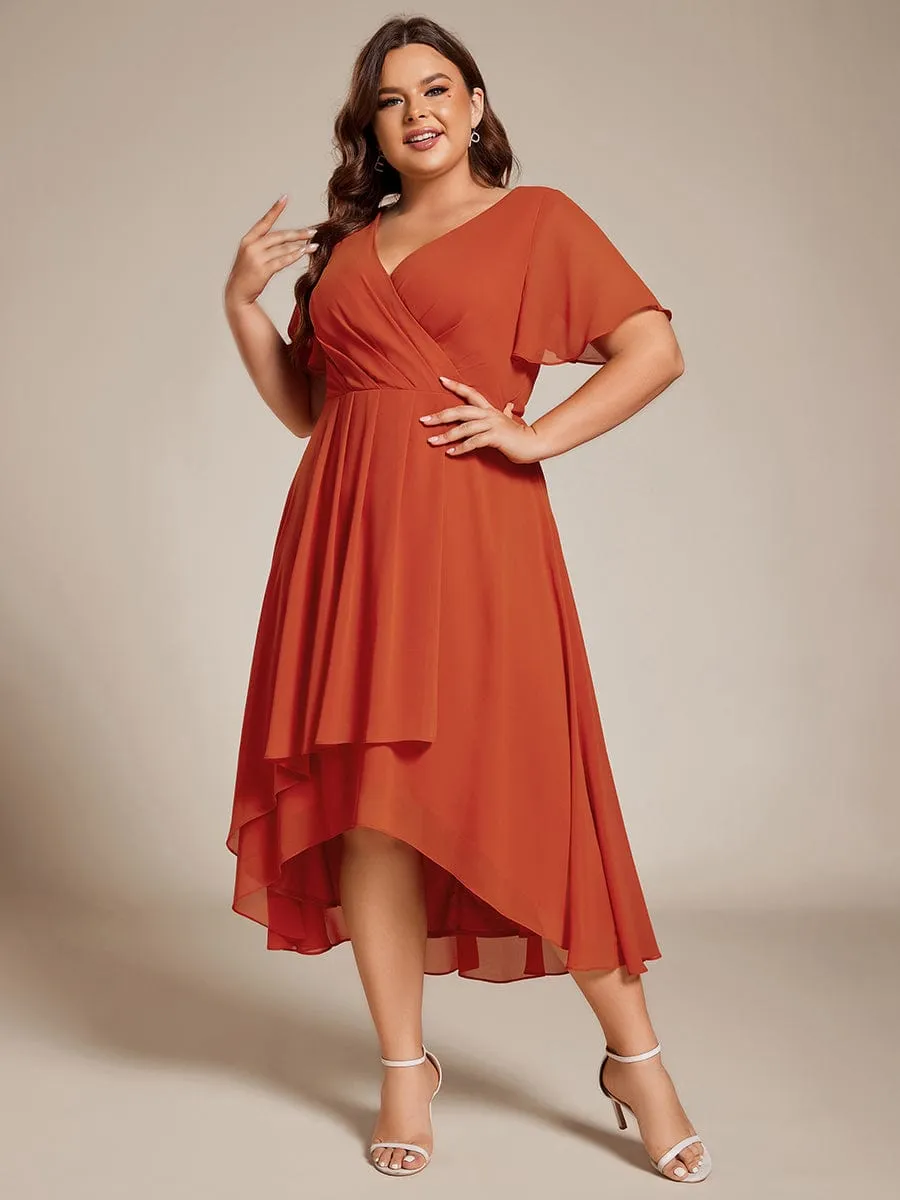 Plus Size Chiffon Short Sleeve High-Low Wedding Guest Dress