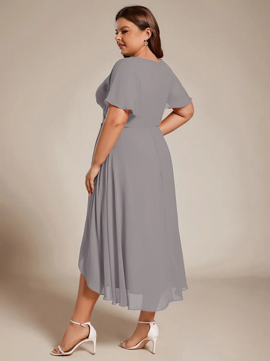 Plus Size Chiffon Short Sleeve High-Low Wedding Guest Dress