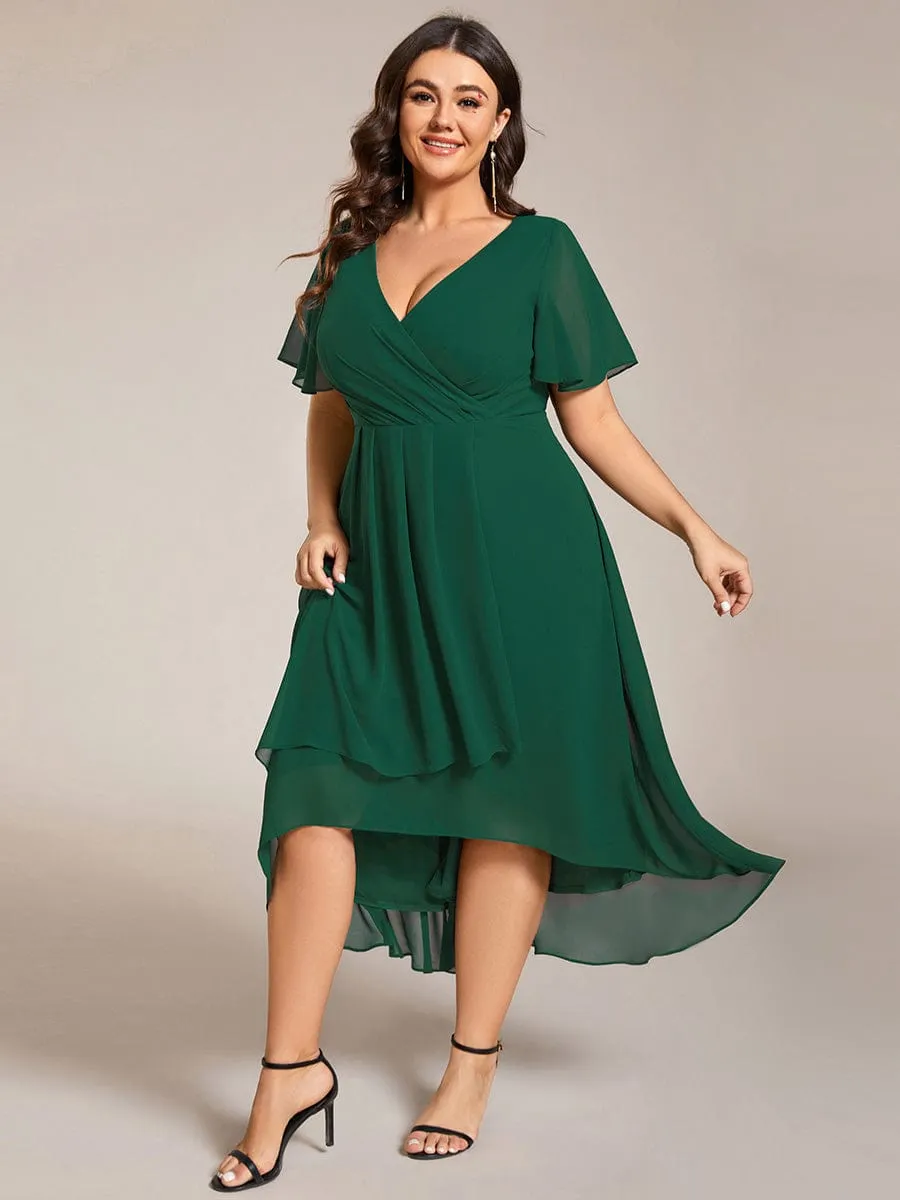 Plus Size Chiffon Short Sleeve High-Low Wedding Guest Dress