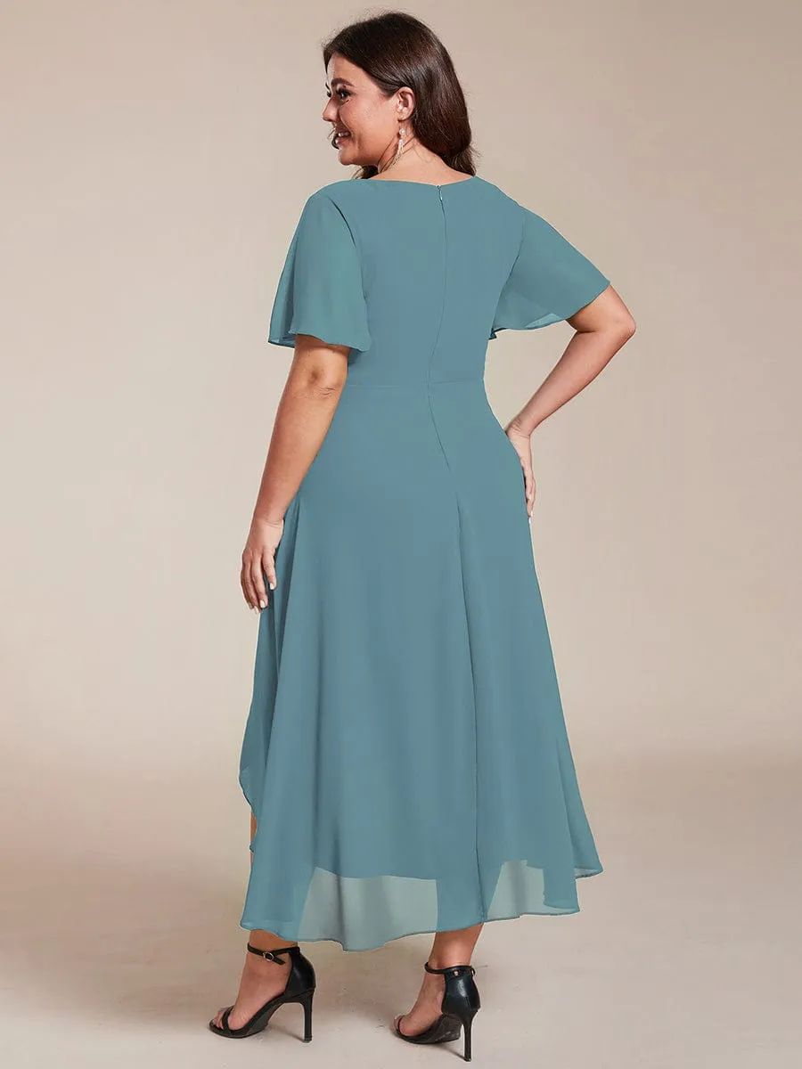 Plus Size Chiffon Short Sleeve High-Low Wedding Guest Dress