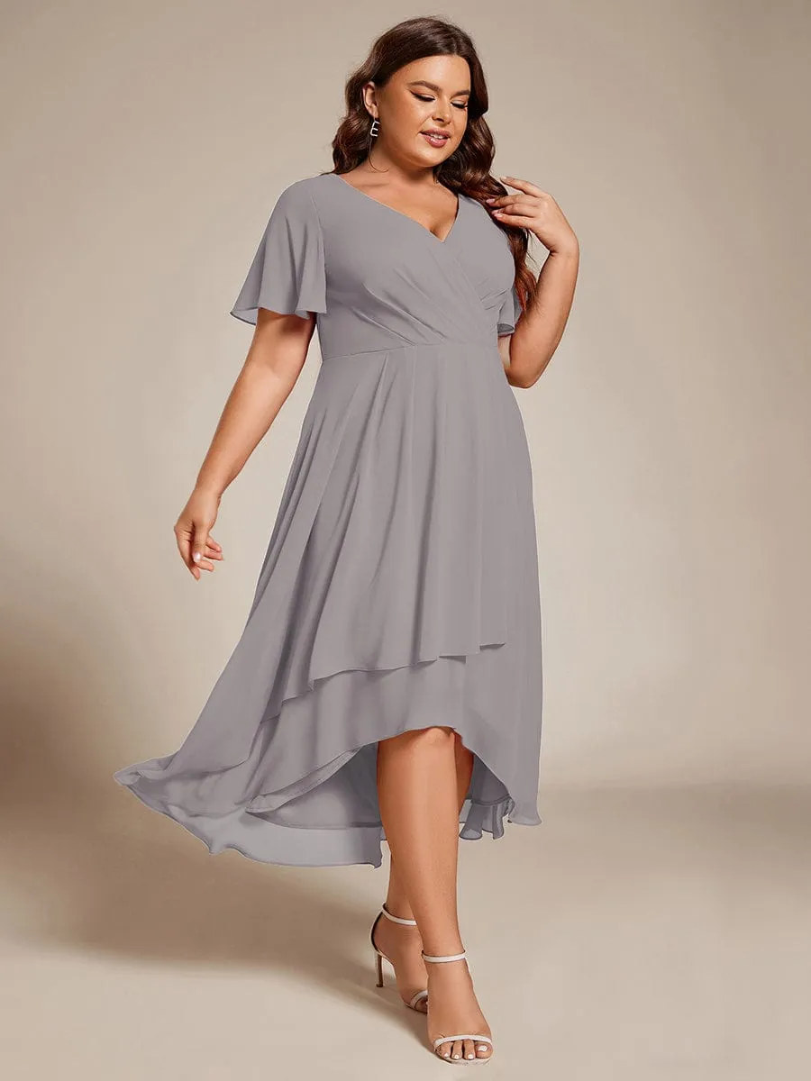 Plus Size Chiffon Short Sleeve High-Low Wedding Guest Dress