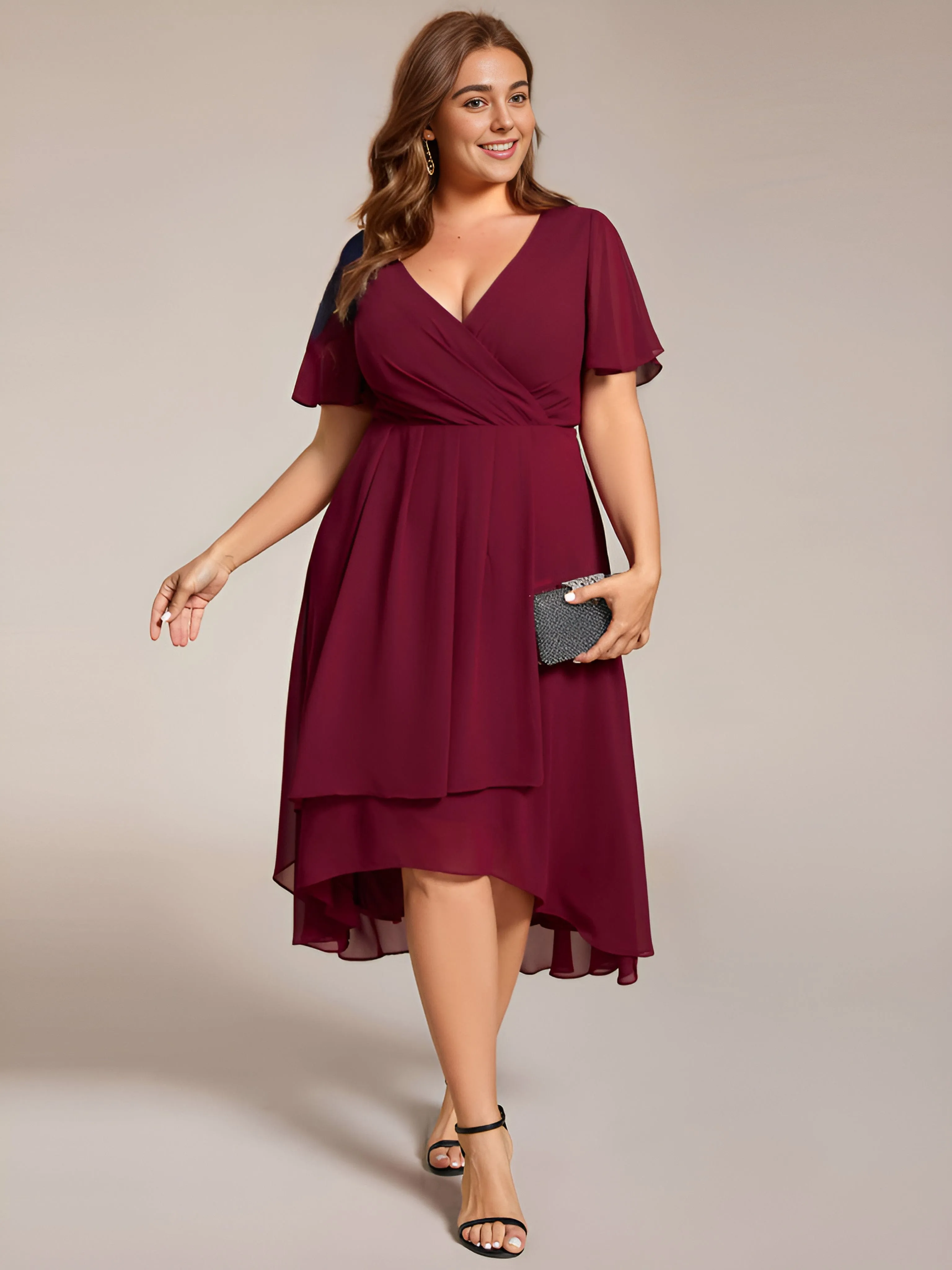 Plus Size Chiffon Short Sleeve High-Low Wedding Guest Dress