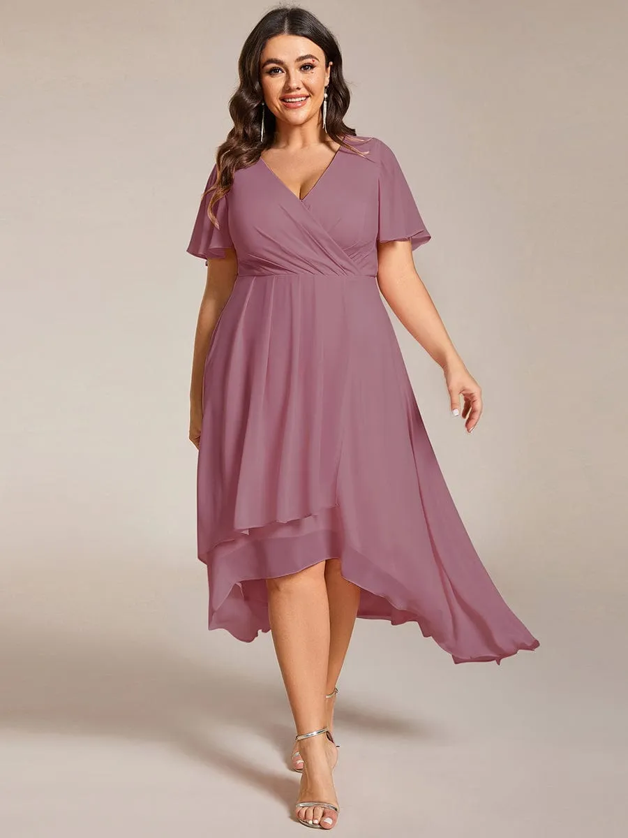 Plus Size Chiffon Short Sleeve High-Low Wedding Guest Dress