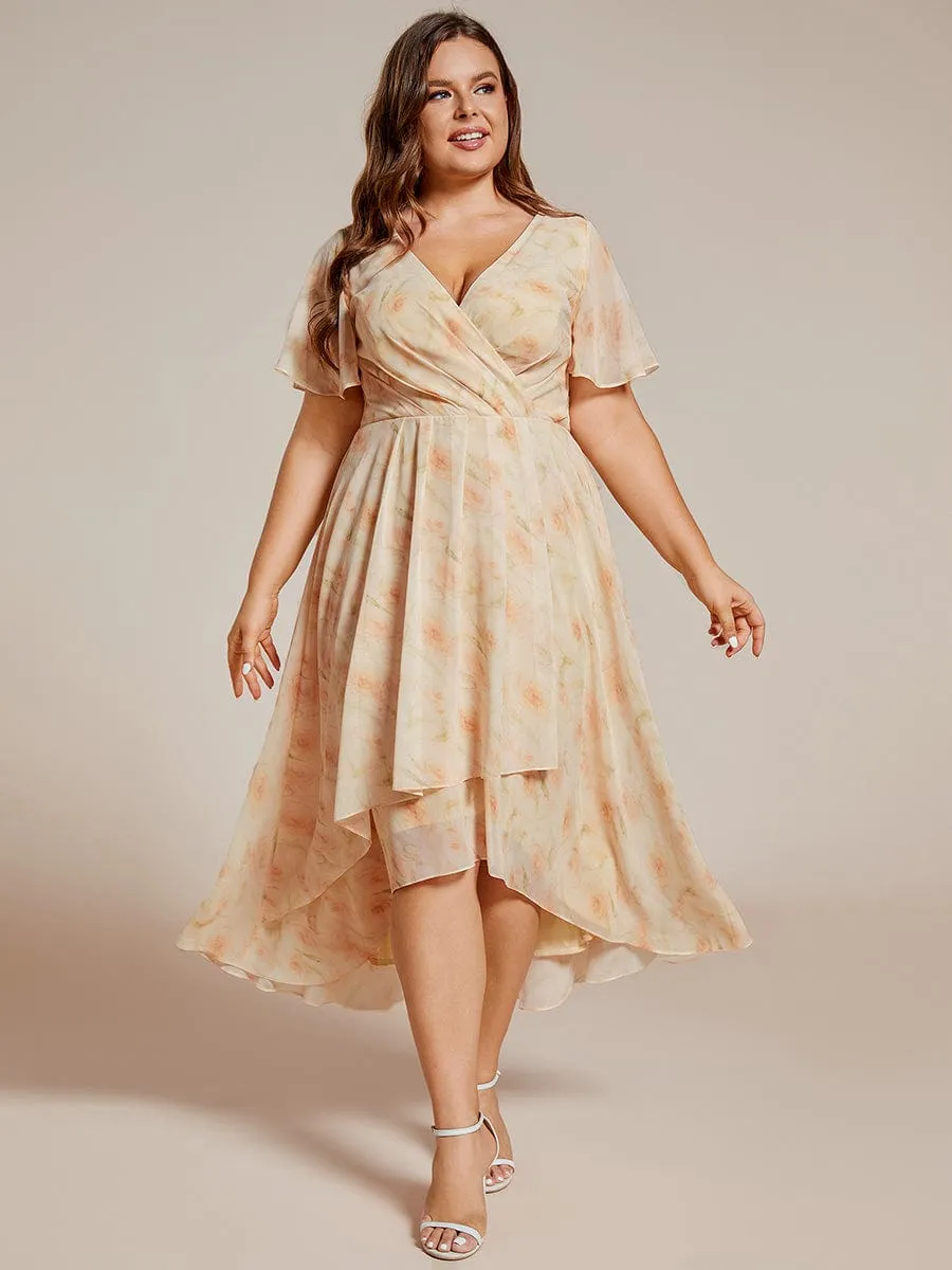 Plus Size Chiffon Short Sleeve High-Low Wedding Guest Dress