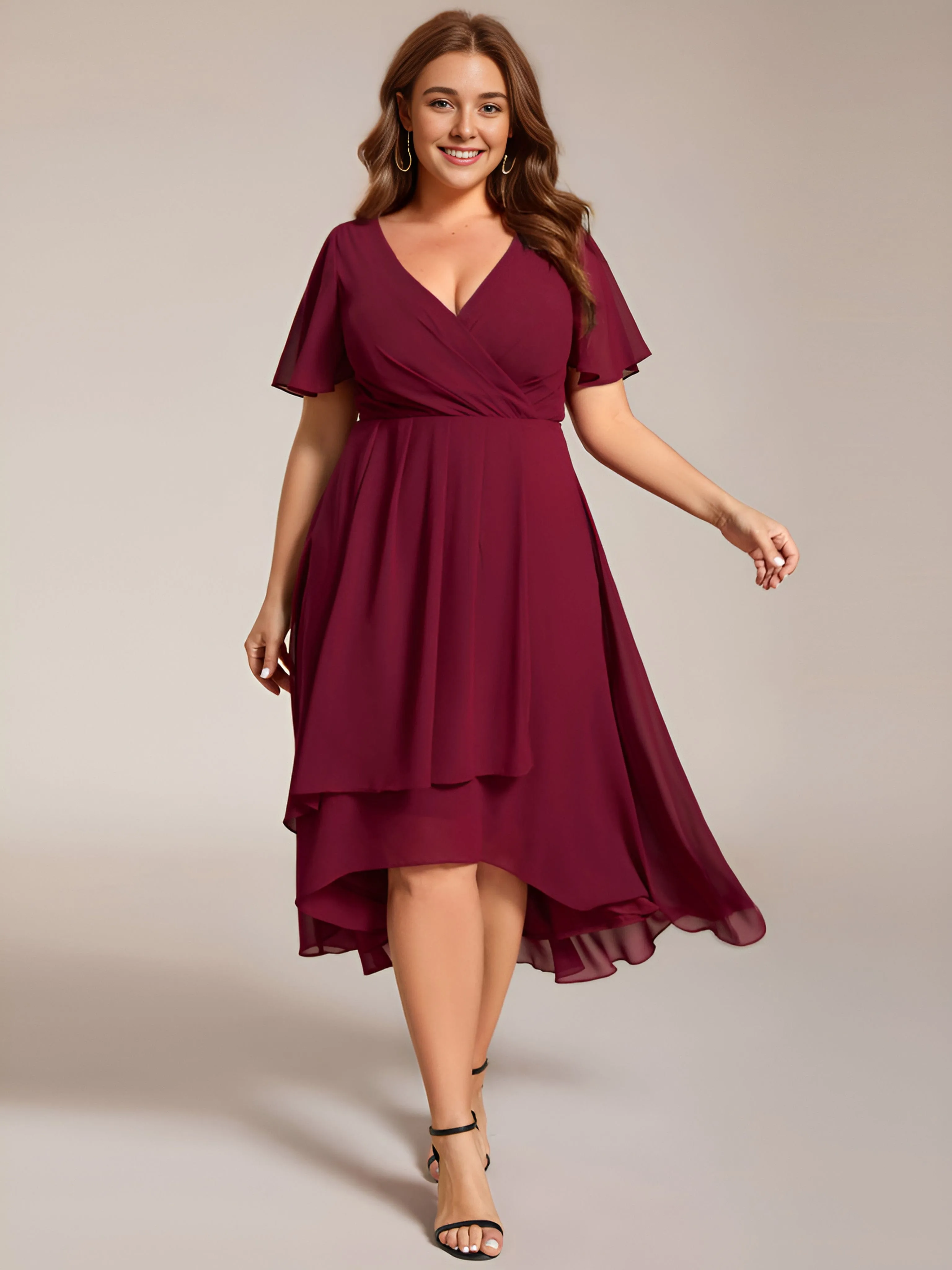 Plus Size Chiffon Short Sleeve High-Low Wedding Guest Dress