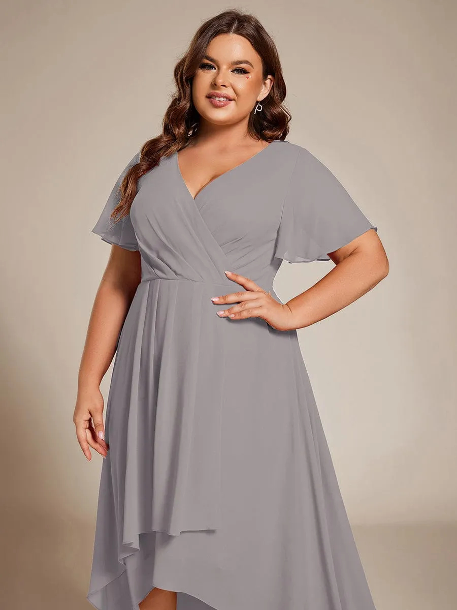 Plus Size Chiffon Short Sleeve High-Low Wedding Guest Dress