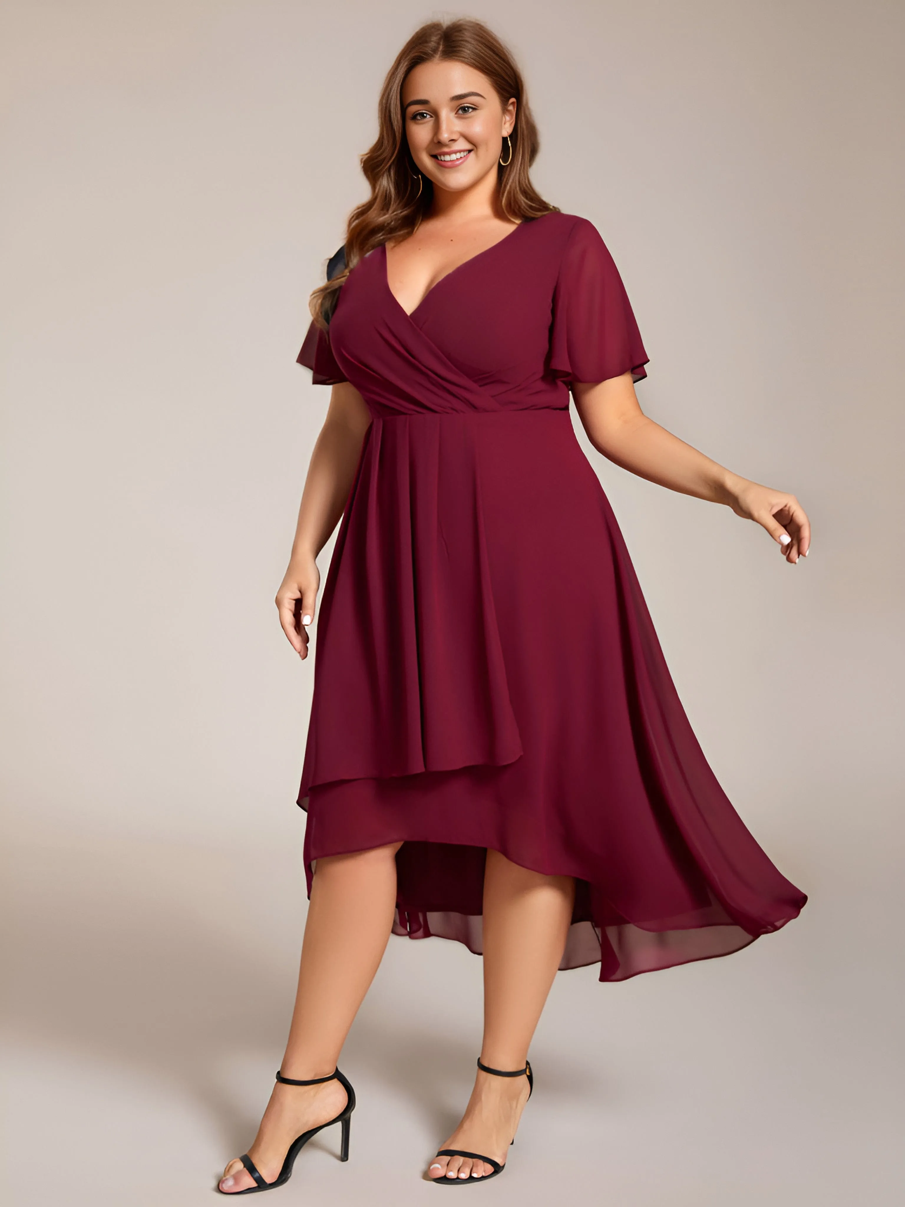 Plus Size Chiffon Short Sleeve High-Low Wedding Guest Dress