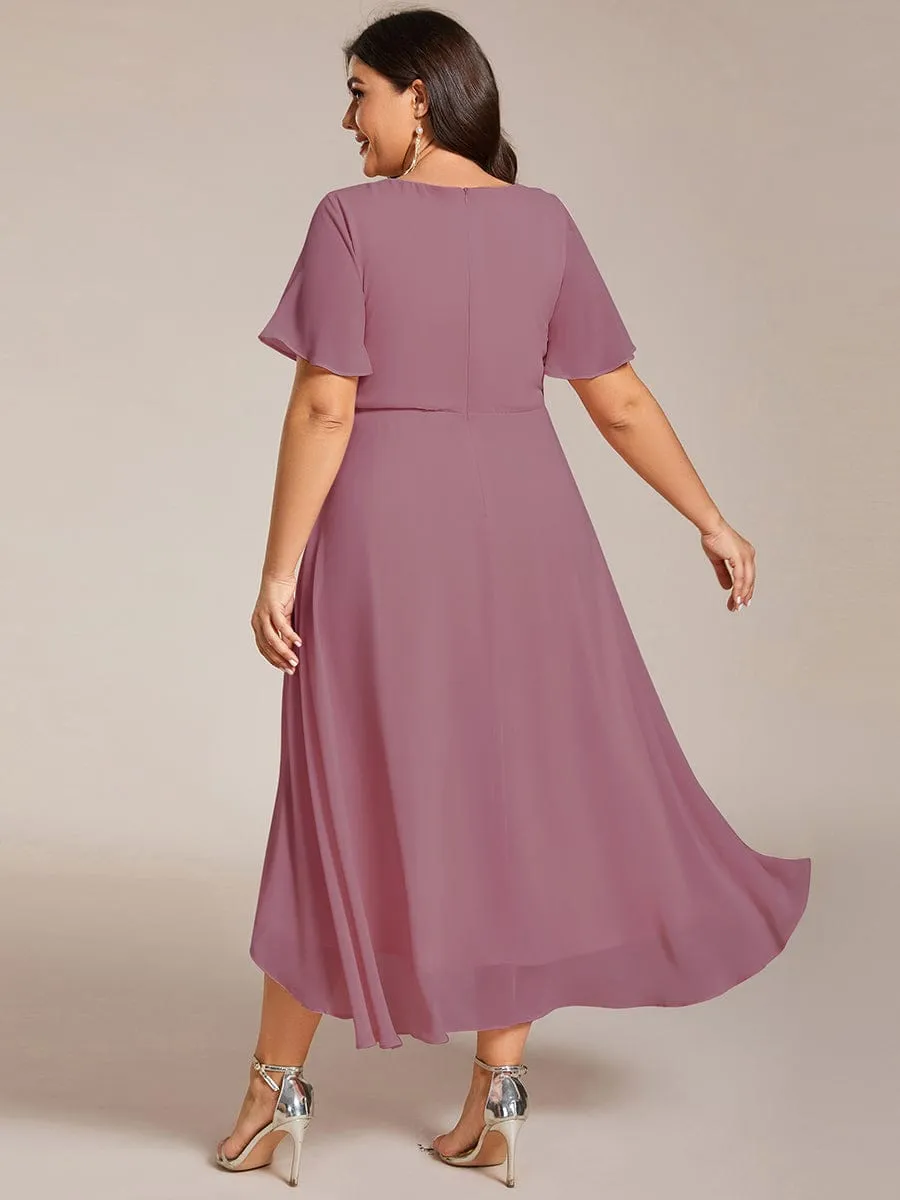 Plus Size Chiffon Short Sleeve High-Low Wedding Guest Dress